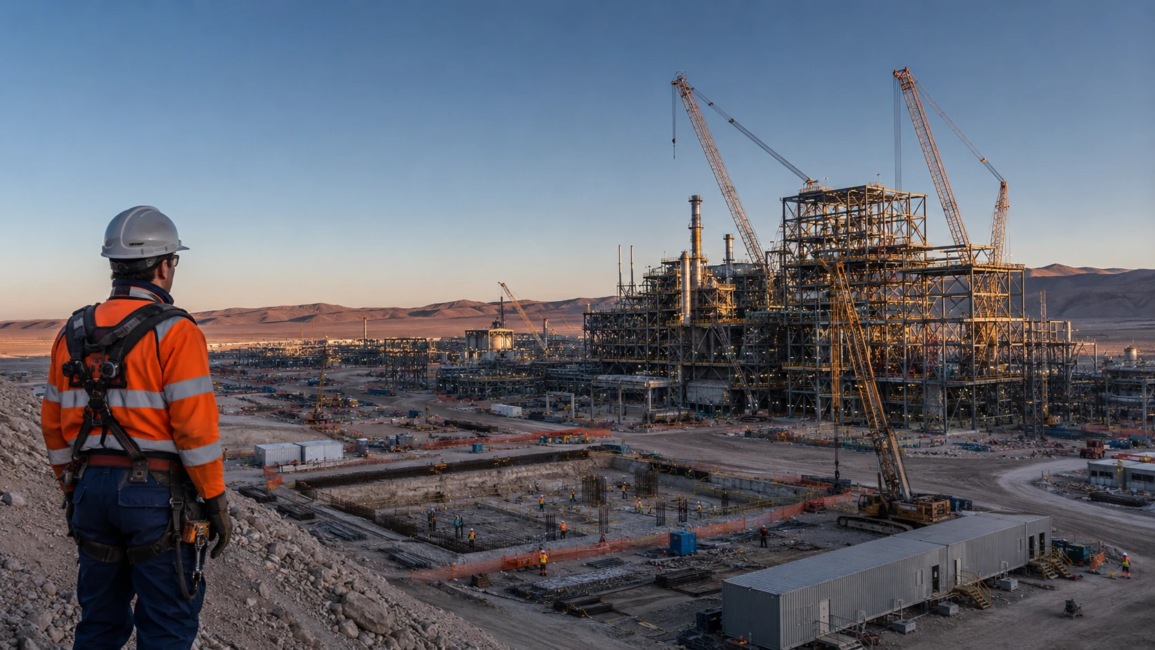Frente de montaje industrial con estructuras y grúas